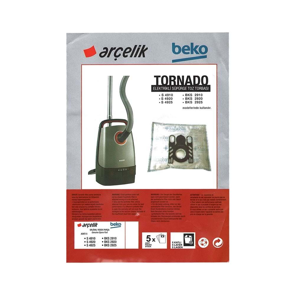 ARÇELİK S 4910 TORNADO SİLENCE ELEKTRİKLİ SÜPÜRGE SENTETİK TOZ TORBASI 5 Lİ PAKET ORİJİNAL